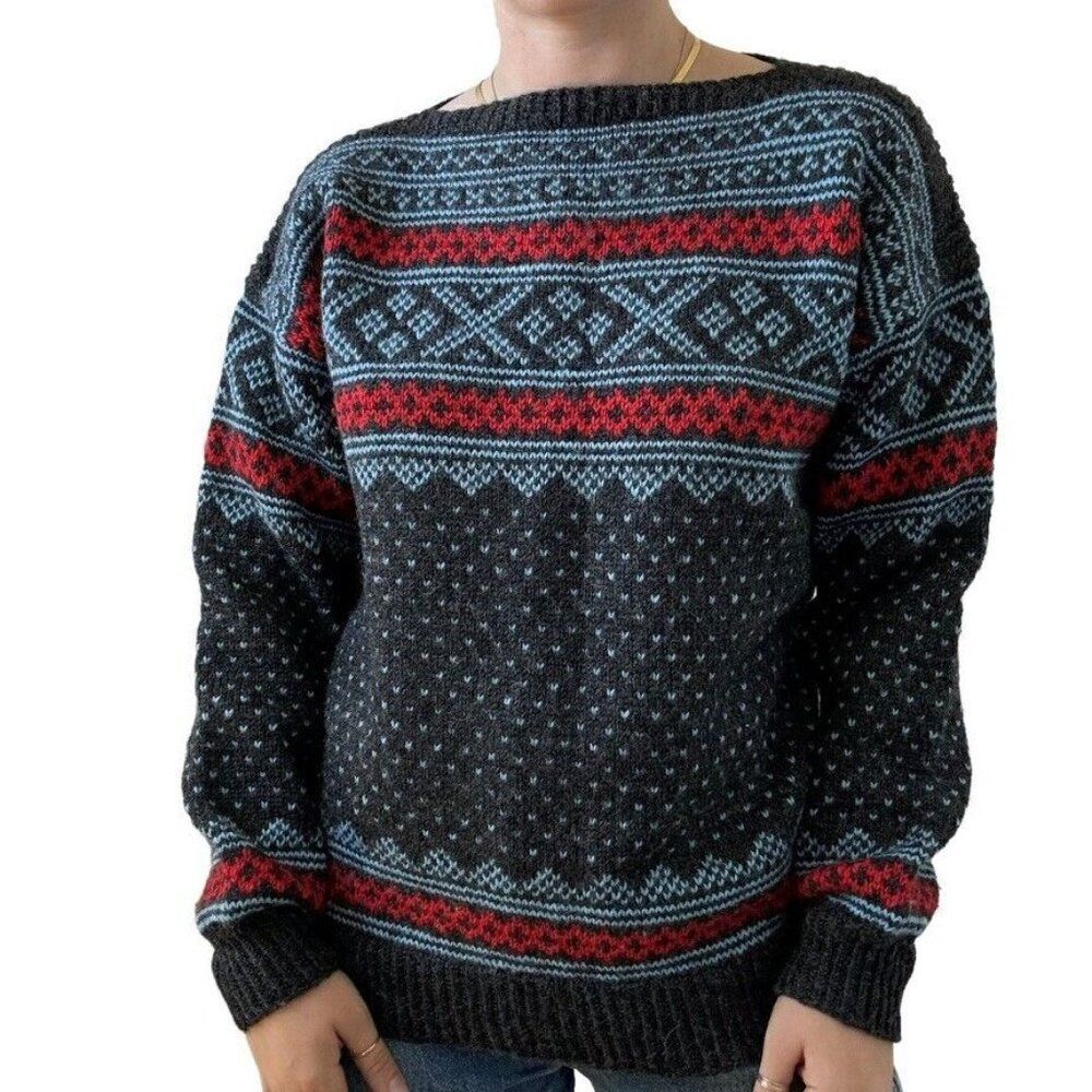 Vintage Womens Hand Knit Gray 100% Wool Norwegian Fair Isle Birdseye Sweater XL